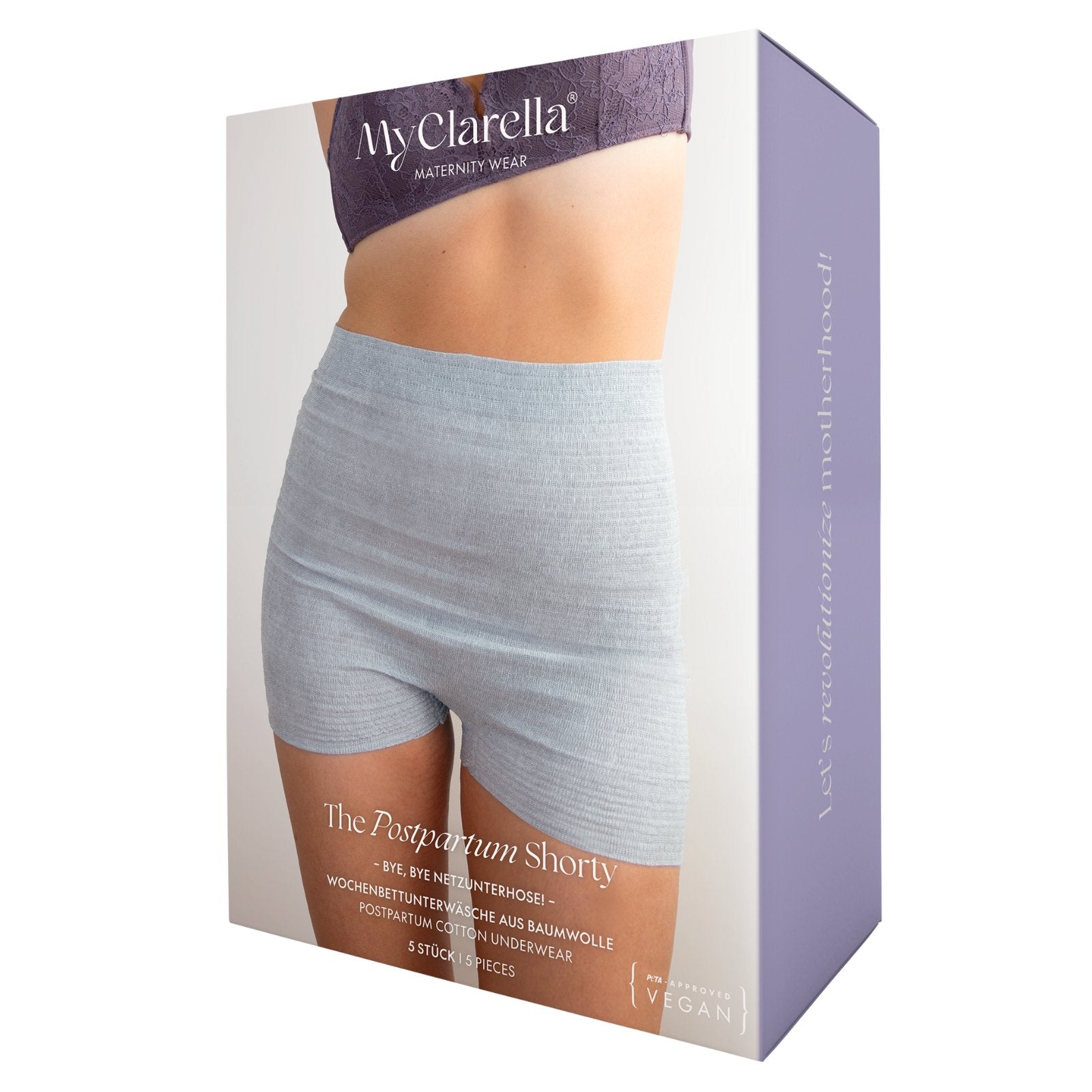 The Postpartum Shorty (5er Pack) - Wochenbett - Einwegunterwäsche - MyClarella - lila Verpackung von vorne seitlich.